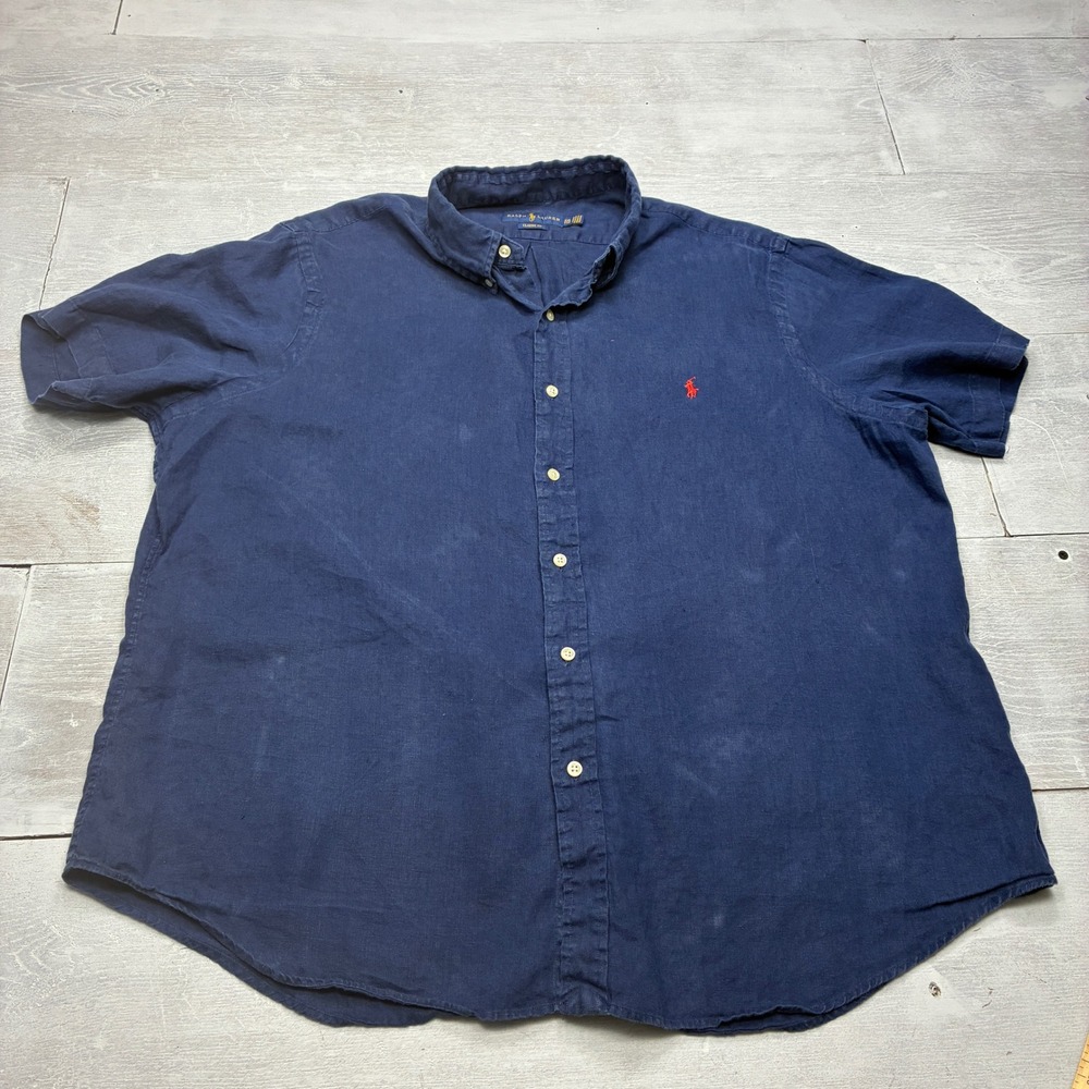 Ralph Lauren Linen Shirt Mens XXL Navy Blue Short Sleeve Classic Fit Pony Logo